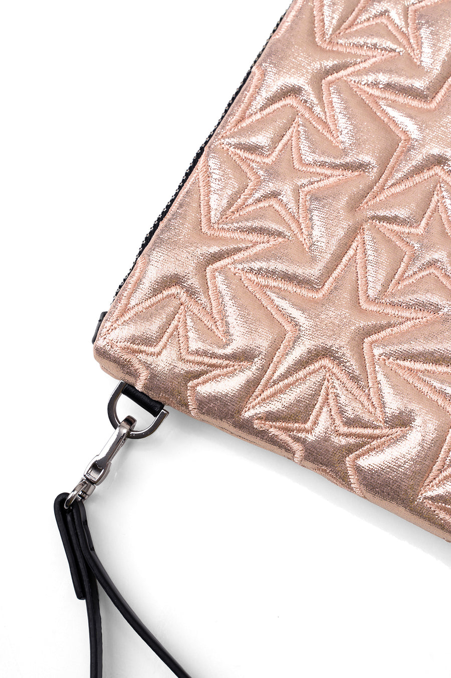 Ecrou Yıldız Desenli Platin Parlak Portföy & Clutch Çanta Çıkarılabilir Bileklik Askılı 30 x 19 cm — Pudra
