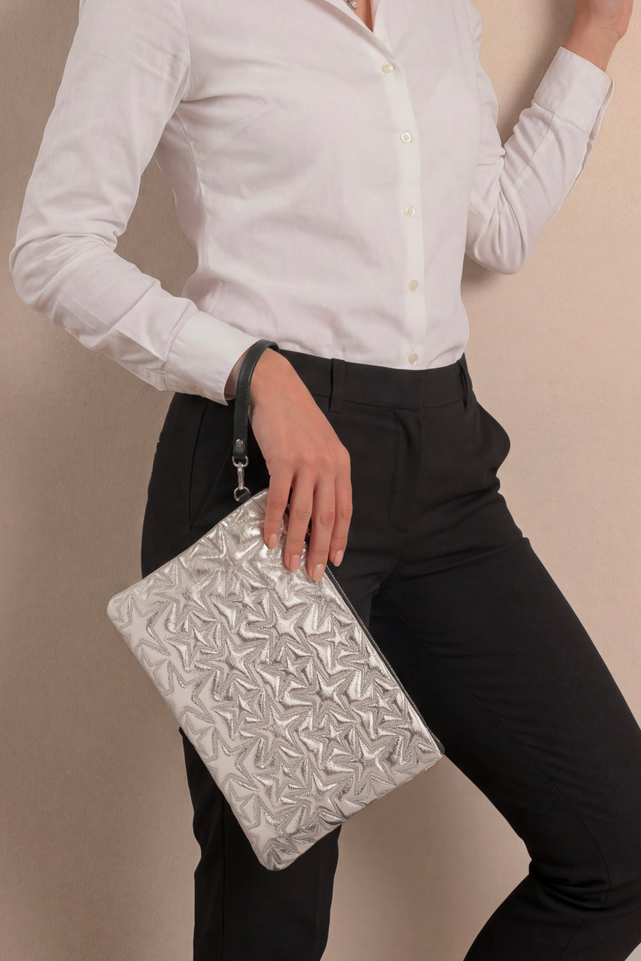 Ecrou Yıldız Desenli Platin Parlak Portföy & Clutch Çanta Çıkarılabilir Bileklik Askılı 30 x 19 cm — Açık Sarı