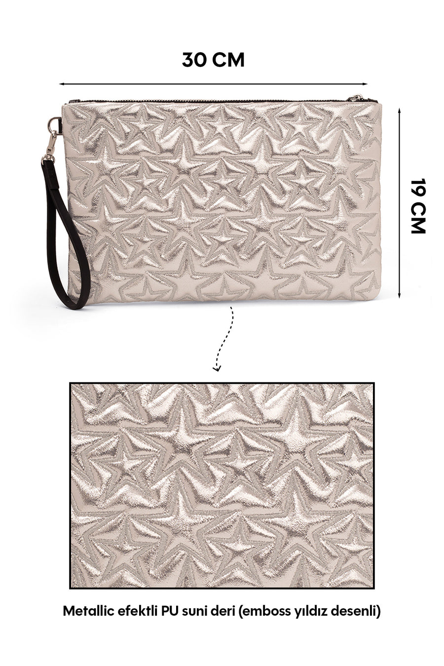Ecrou Yıldız Desenli Platin Parlak Portföy & Clutch Çanta Çıkarılabilir Bileklik Askılı 30 x 19 cm — Açık Sarı