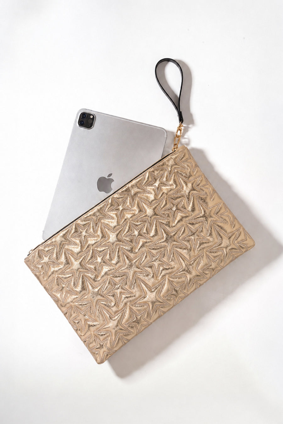 Ecrou Yıldız Desenli Platin Parlak Portföy & Clutch Çanta Çıkarılabilir Bileklik Askılı 30 x 19 cm — Sarı