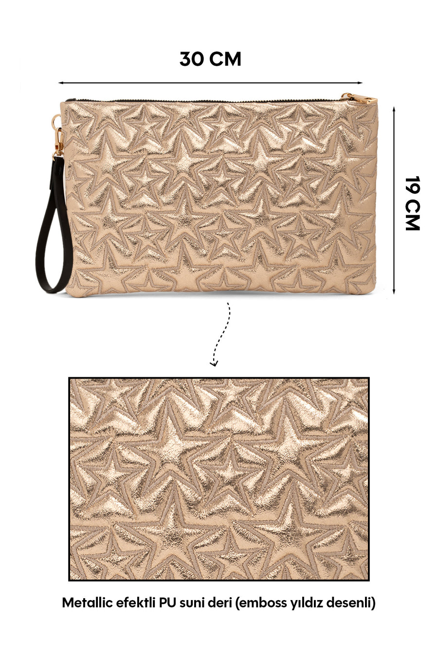 Ecrou Yıldız Desenli Platin Parlak Portföy & Clutch Çanta Çıkarılabilir Bileklik Askılı 30 x 19 cm — Sarı