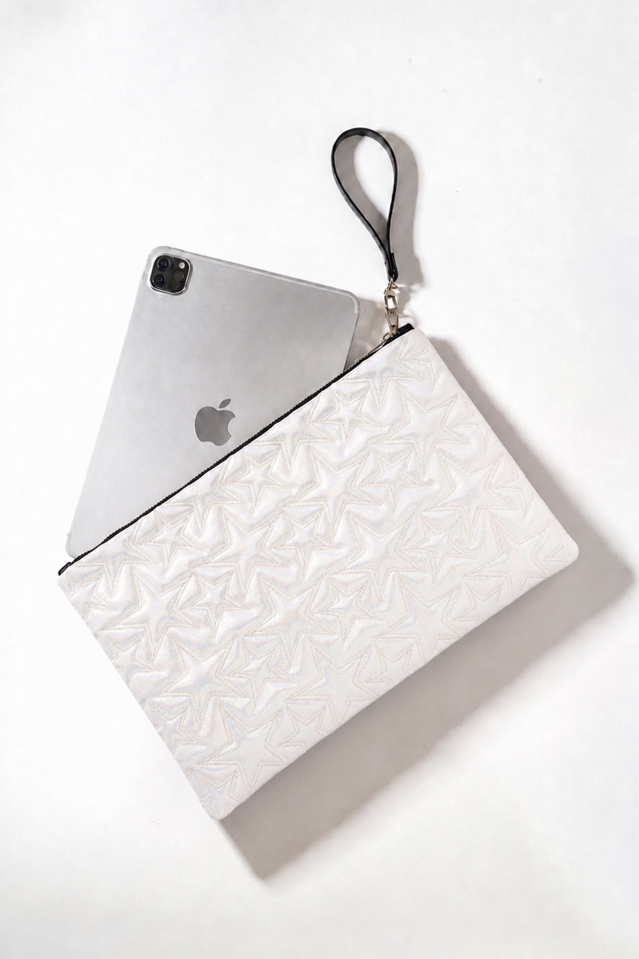 Ecrou Yıldız Desenli Platin Parlak Portföy & Clutch Çanta Çıkarılabilir Bileklik Askılı 30 x 19 cm — Beyaz