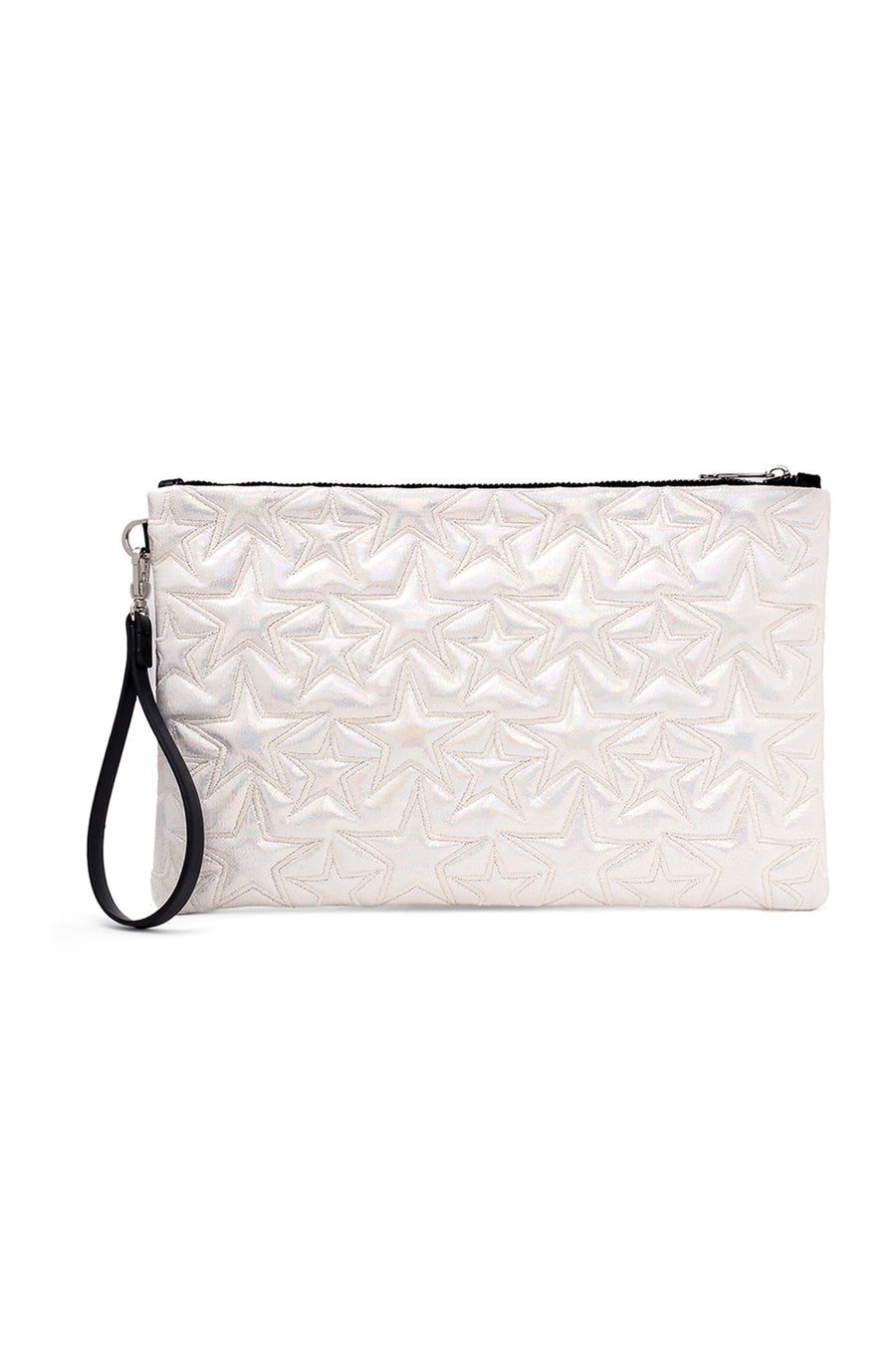 Ecrou Yıldız Desenli Platin Parlak Portföy & Clutch Çanta Çıkarılabilir Bileklik Askılı 30 x 19 cm — Beyaz