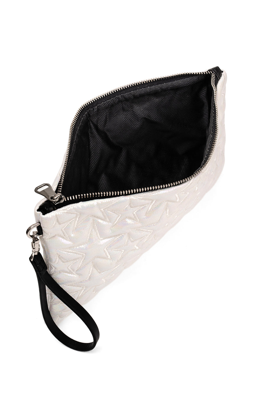 Ecrou Yıldız Desenli Platin Parlak Portföy & Clutch Çanta Çıkarılabilir Bileklik Askılı 30 x 19 cm — Beyaz