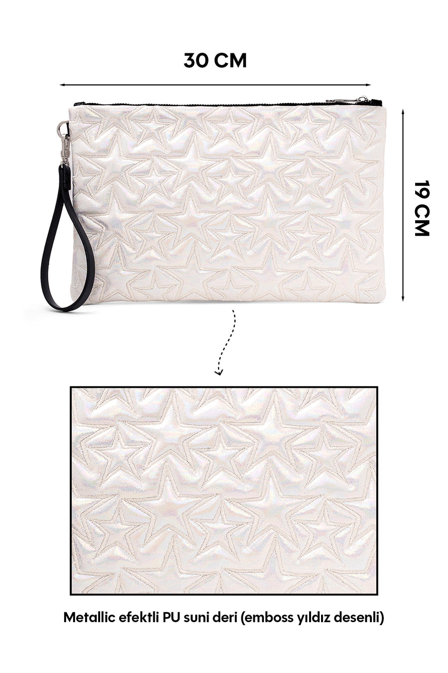 Ecrou Yıldız Desenli Platin Parlak Portföy & Clutch Çanta Çıkarılabilir Bileklik Askılı 30 x 19 cm — Beyaz