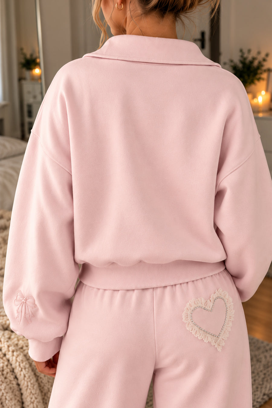 Lulus Friends Kadın Pembe Dik Yaka Nakış Detaylı 3 İplik Sweatshirt — Pembe
