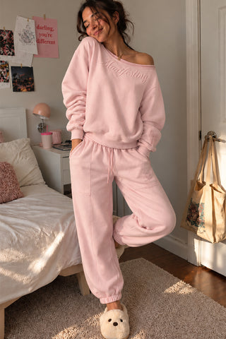 Lulus Friends Kadın Pembe Kayık Yaka Nakış Detaylı 3 İplik Sweatshirt — Pembe
