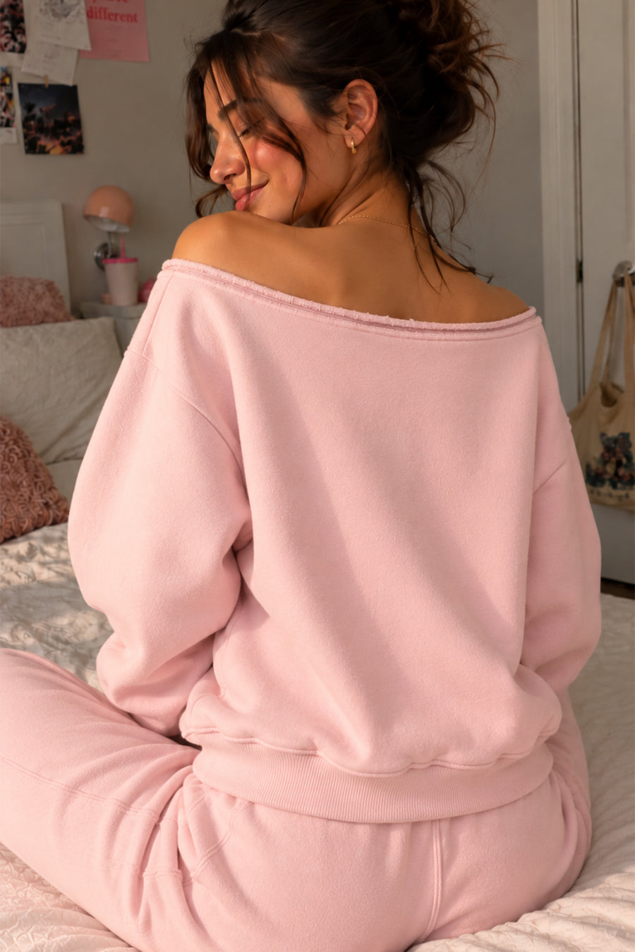 Lulus Friends Kadın Pembe Kayık Yaka Nakış Detaylı 3 İplik Sweatshirt — Pembe