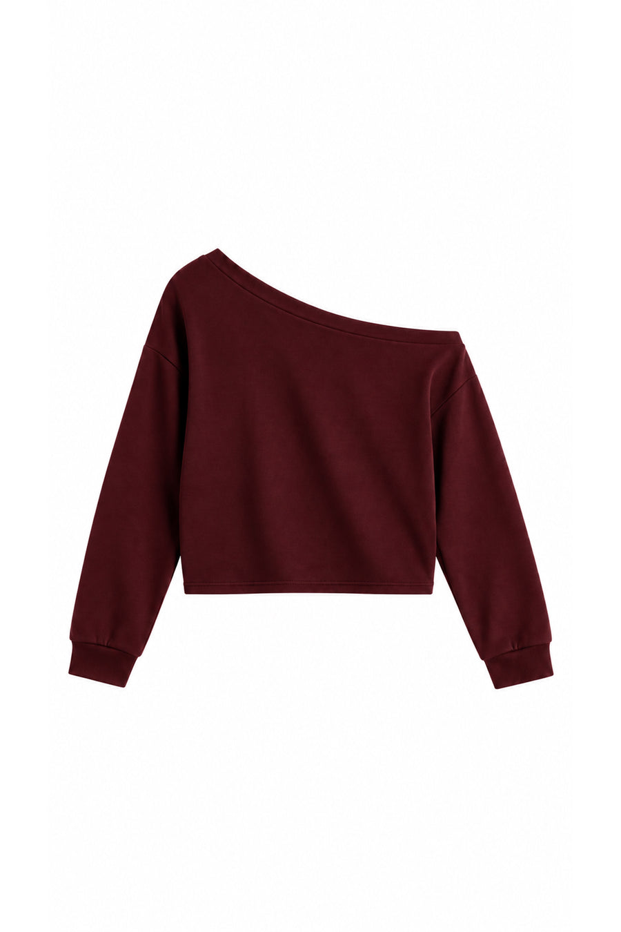 Tek Omuz Asimetrik Yaka Düşük Omuzlu Oversize Crop Kadın Sweatshirt — Bordo