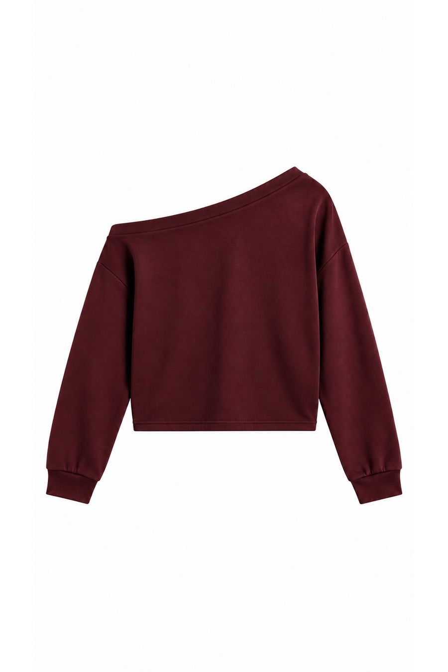 Tek Omuz Asimetrik Yaka Düşük Omuzlu Oversize Crop Kadın Sweatshirt — Bordo