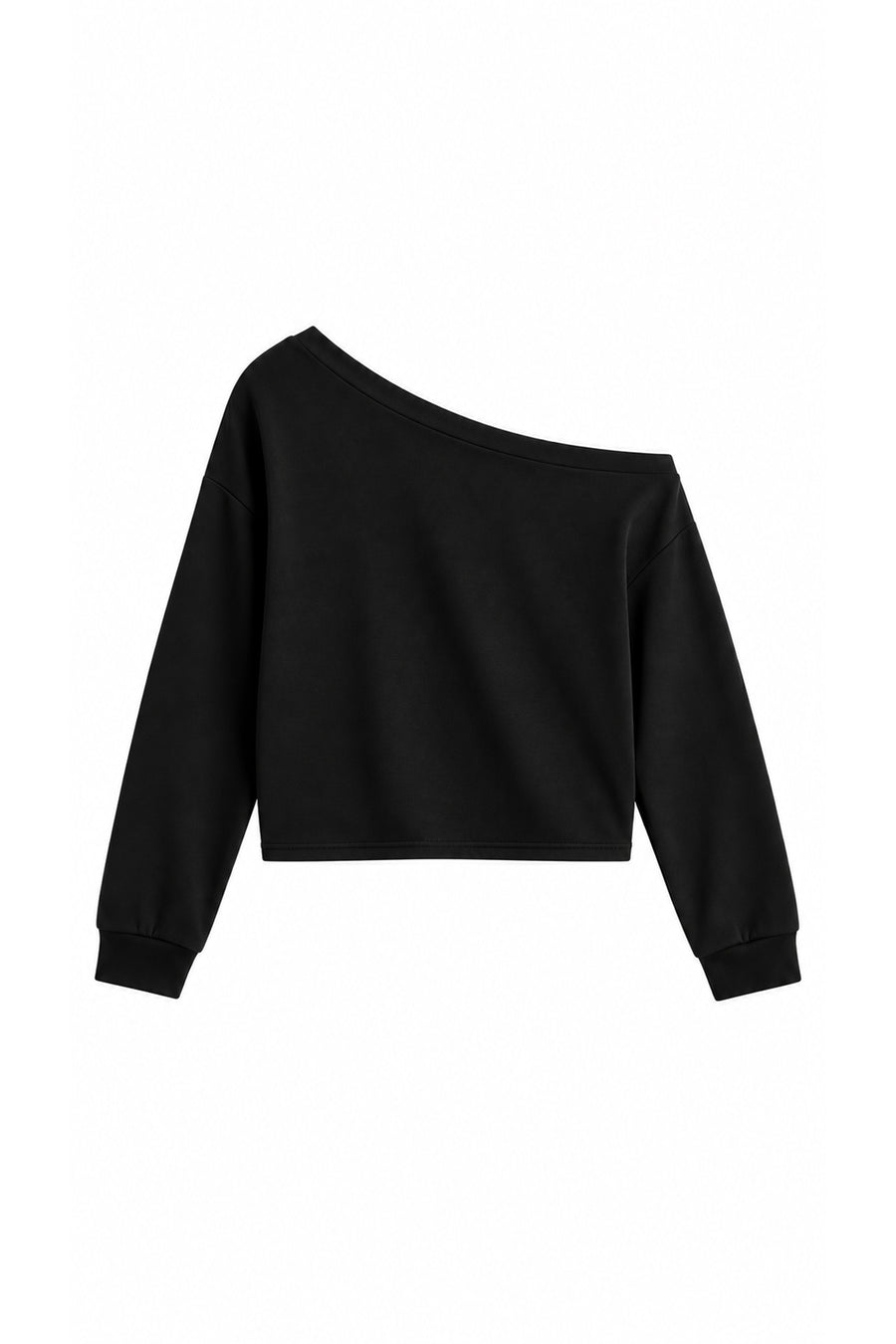 Tek Omuz Asimetrik Yaka Düşük Omuzlu Oversize Crop Kadın Sweatshirt — Siyah