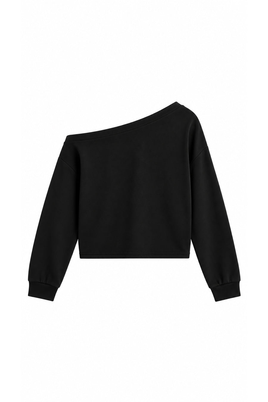 Tek Omuz Asimetrik Yaka Düşük Omuzlu Oversize Crop Kadın Sweatshirt — Siyah
