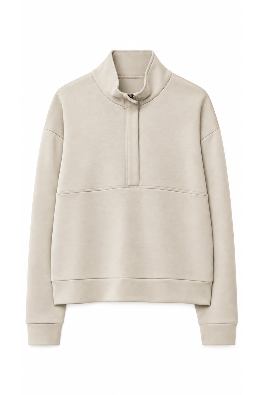 Dik Yaka Yarım Fermuarlı Oversize Düşük Omuzlu Viskon Karışımlı Kadın Sweatshirt — Bej