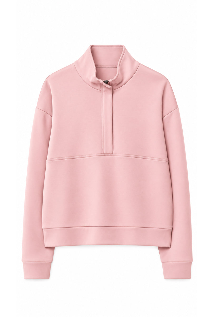 Dik Yaka Yarım Fermuarlı Oversize Düşük Omuzlu Viskon Karışımlı Kadın Sweatshirt — Pudra
