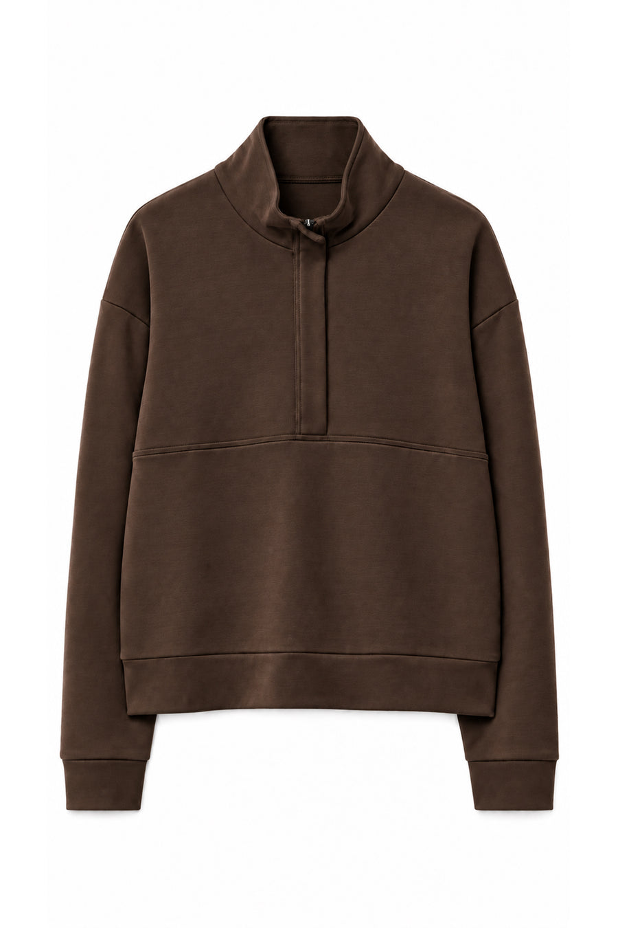 Dik Yaka Yarım Fermuarlı Oversize Düşük Omuzlu Viskon Karışımlı Kadın Sweatshirt — Kahve