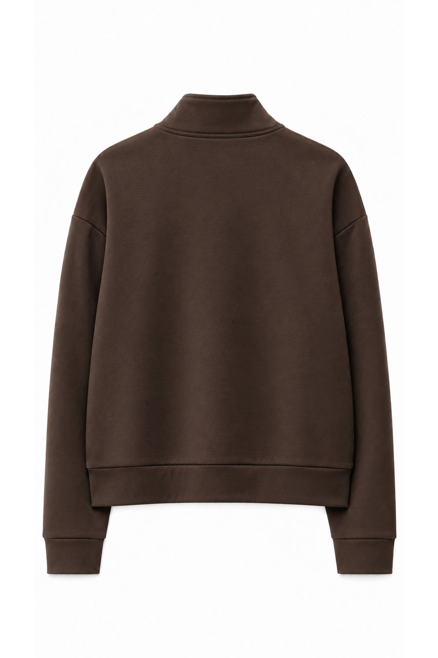 Dik Yaka Yarım Fermuarlı Oversize Düşük Omuzlu Viskon Karışımlı Kadın Sweatshirt — Kahve