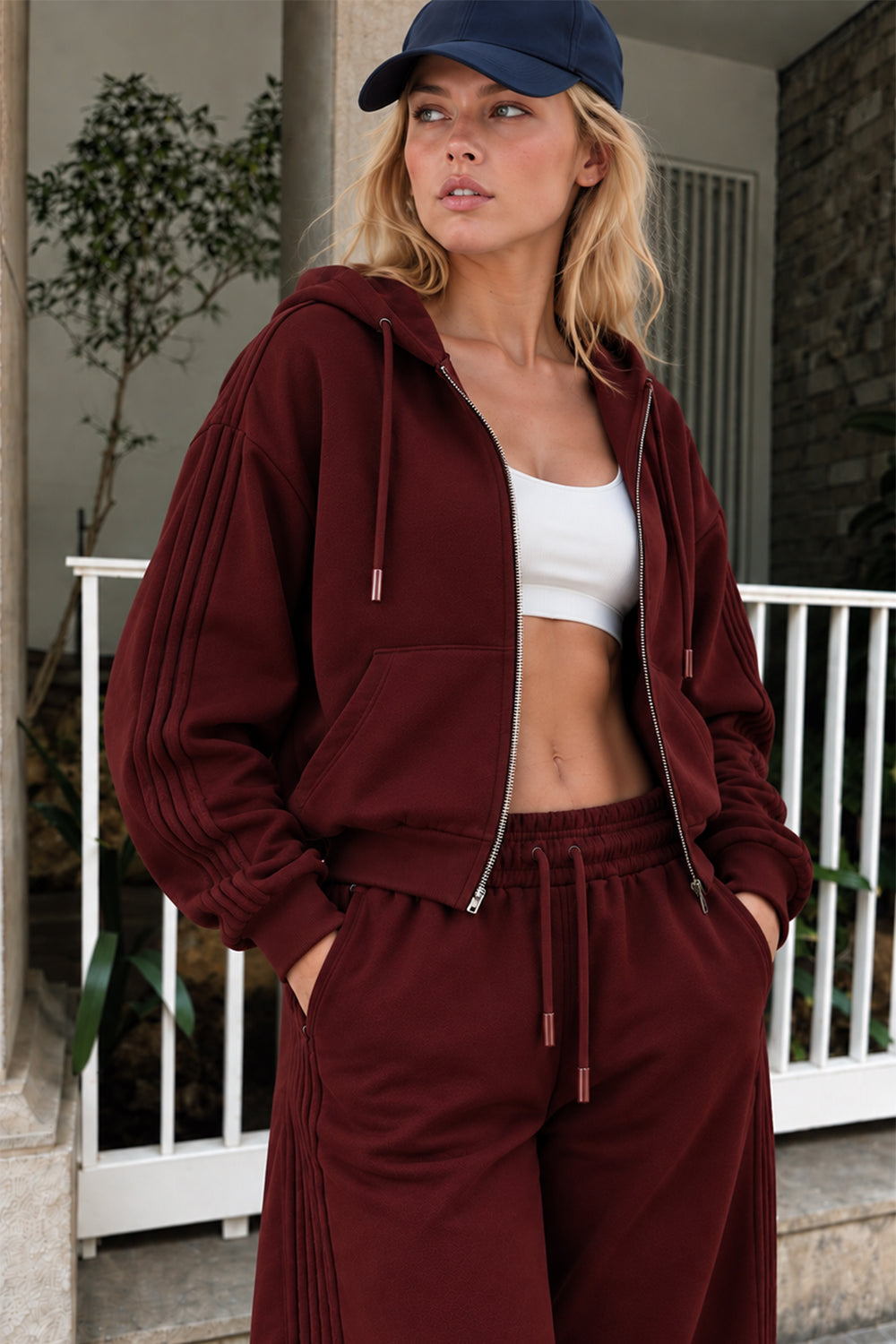 Ecr Teen Kadın Bordo Kapüşonlu Fermuarlı Nervürlü Soft Sweatshirt — Bordo