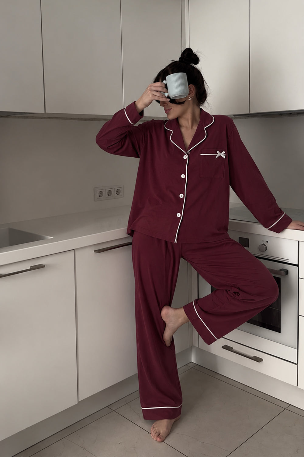 Ecrou Bebe Yaka Viskon Pijama Takımı — Bordo