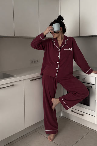 Ecrou Bebe Yaka Viskon Pijama Takımı — Bordo