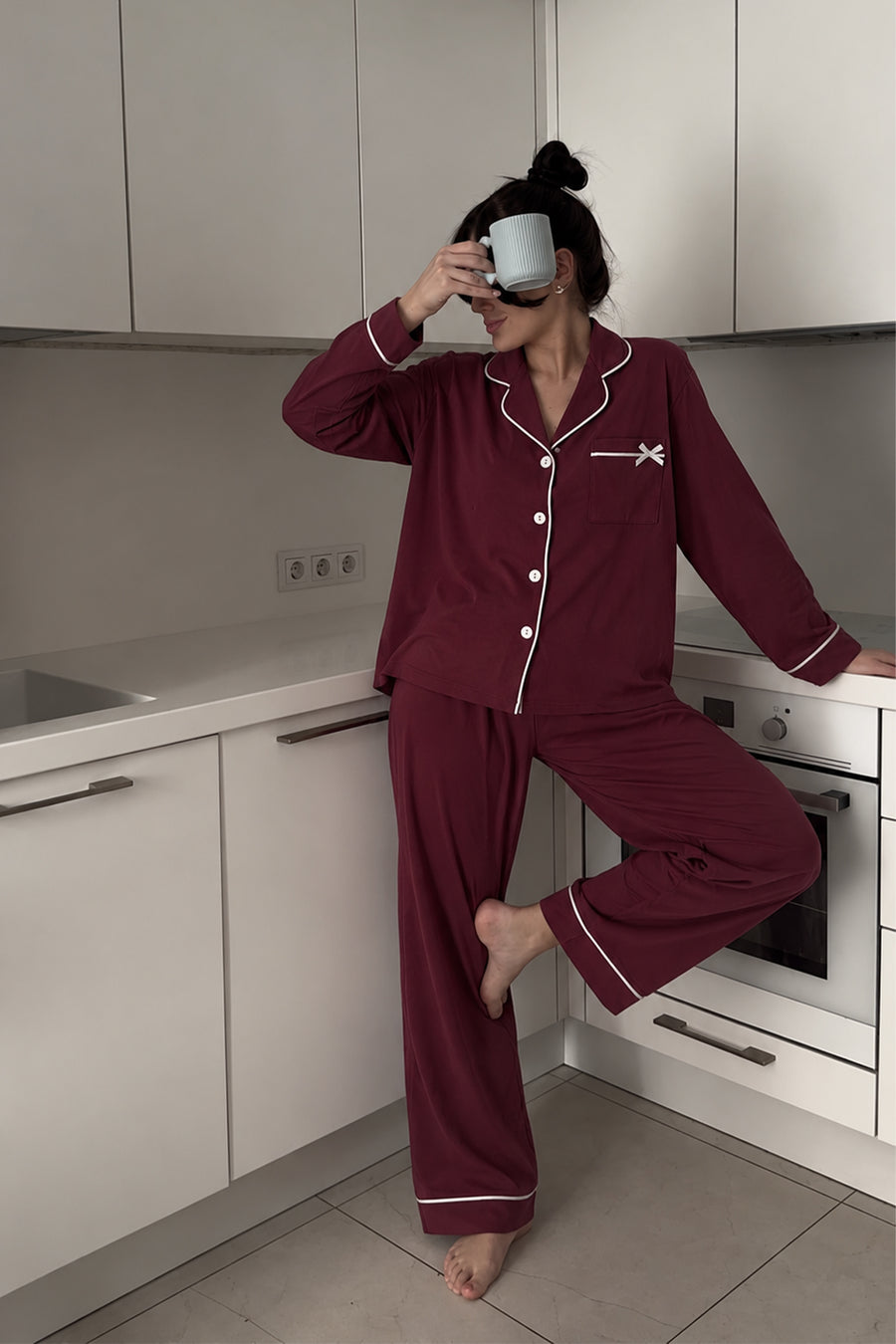 Ecrou Bebe Yaka Viskon Pijama Takımı — Bordo