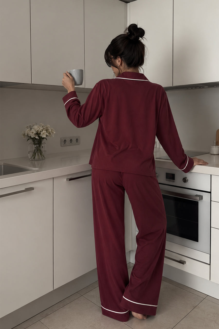 Ecrou Bebe Yaka Viskon Pijama Takımı — Bordo