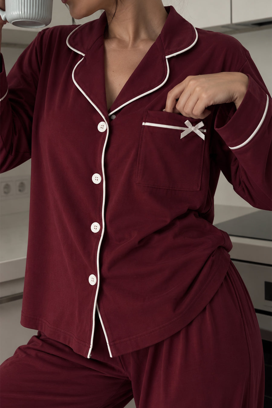 Ecrou Bebe Yaka Viskon Pijama Takımı — Bordo