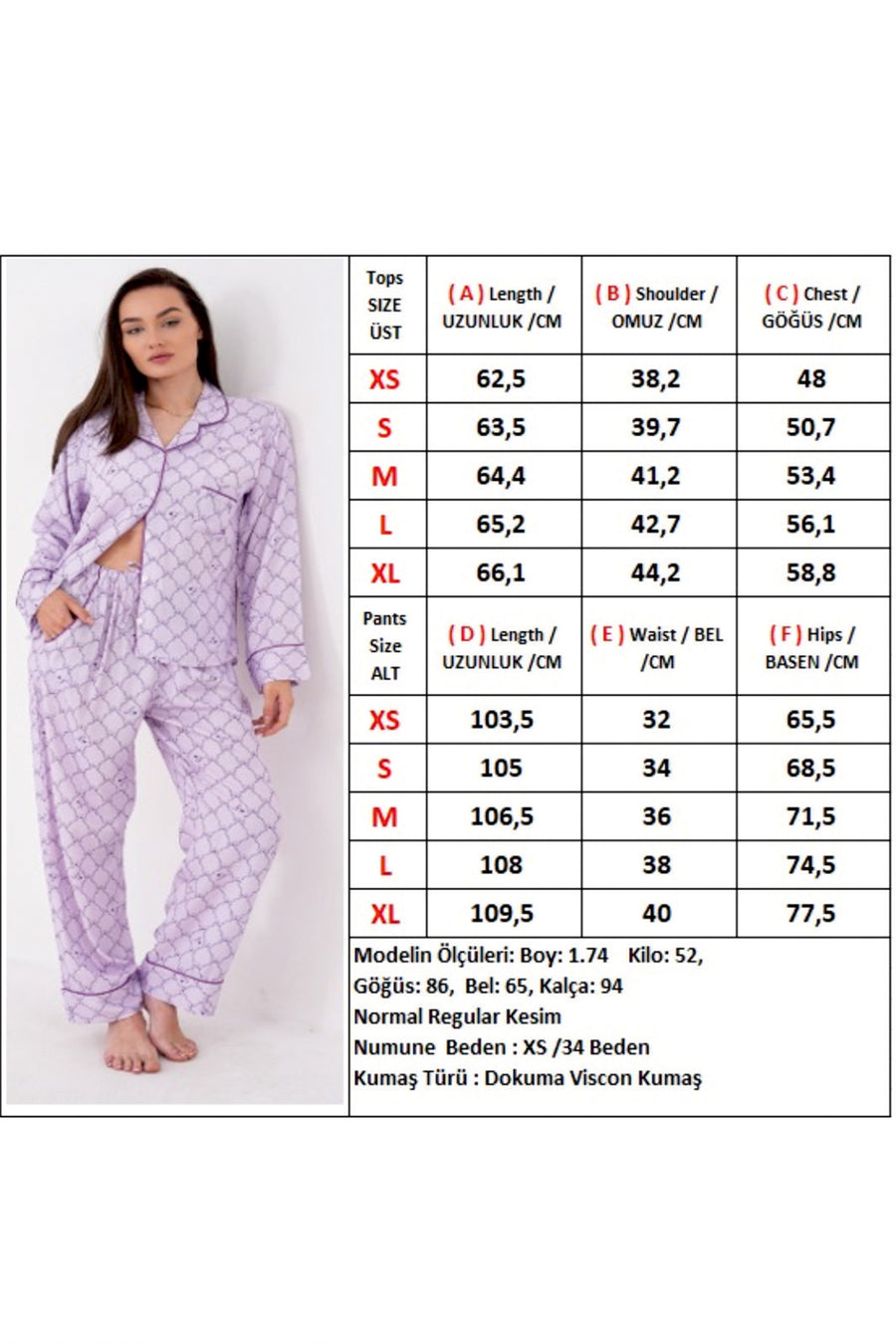Lulu's Friends Gömlek Yaka Önden Düğmeli Uzun Kollu Cepli Pantolon Takım Logo Ve Desen Baskı Detaylı Kol Ve Cep Nakış Detaylı Dokuma Viskon Kumaş Kadın Pijama Takımı — Lila