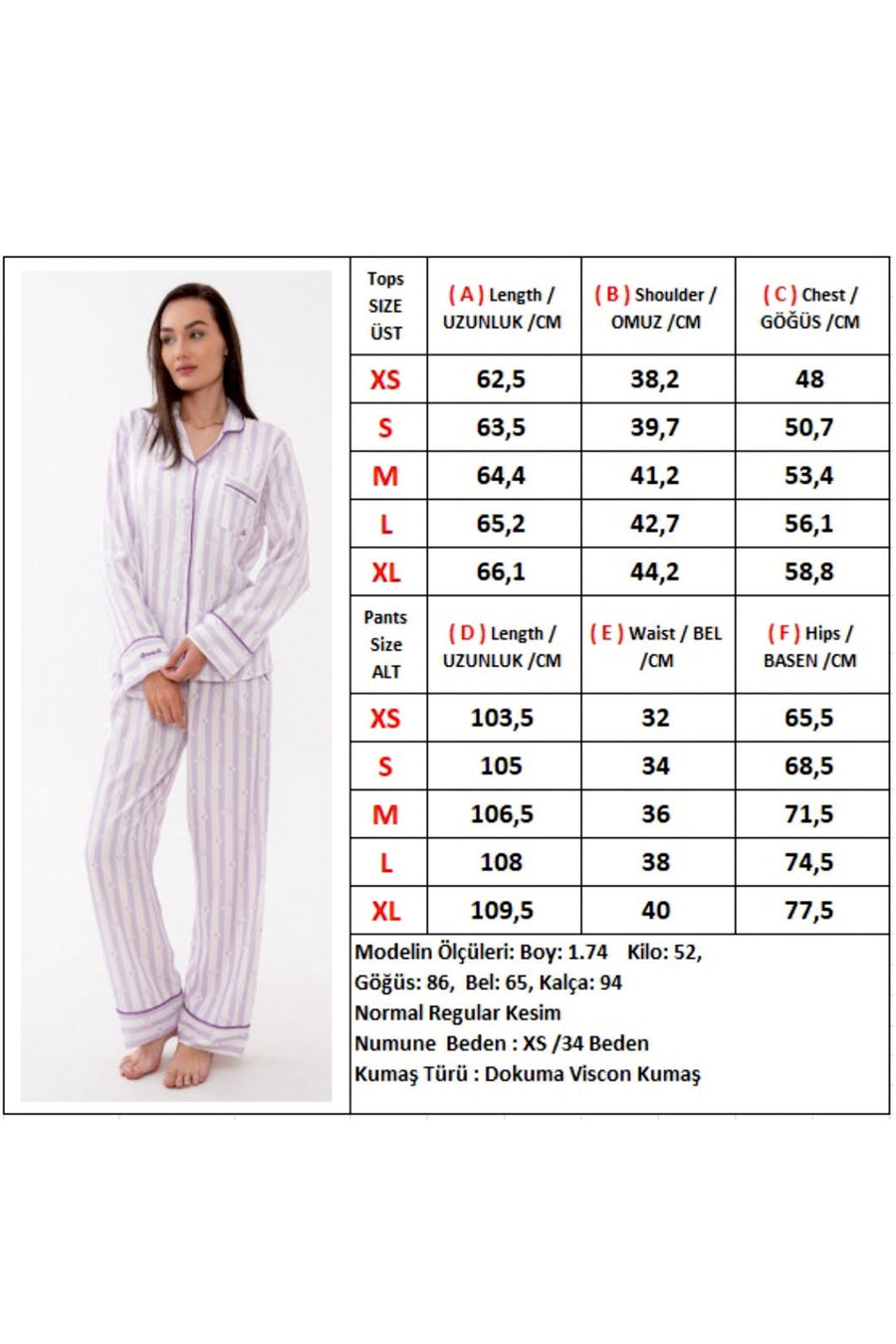 Lulu's Friends Gömlek Yaka Önden Düğmeli Uzun Kollu Cepli Pantolon Takım Çizgili Logo Ve Kalp Baskı Detaylı Kol Ve Cep Nakış Detaylı Dokuma Viskon Kumaş Kadın Pijama Takımı — Lila
