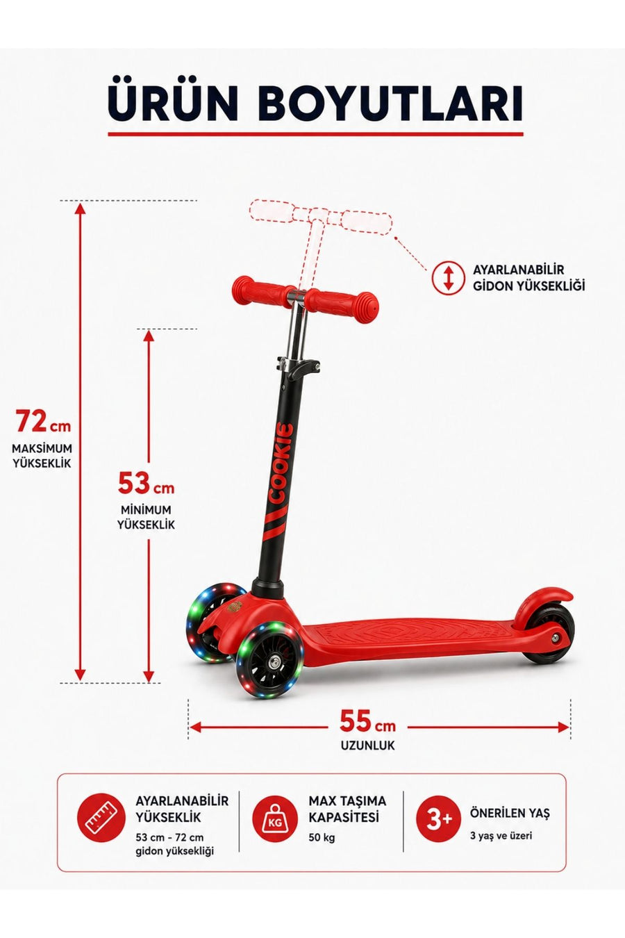 Kırmızı Rookie 3 Tekerlekli Led Işıklı Scooter — Kırmızı