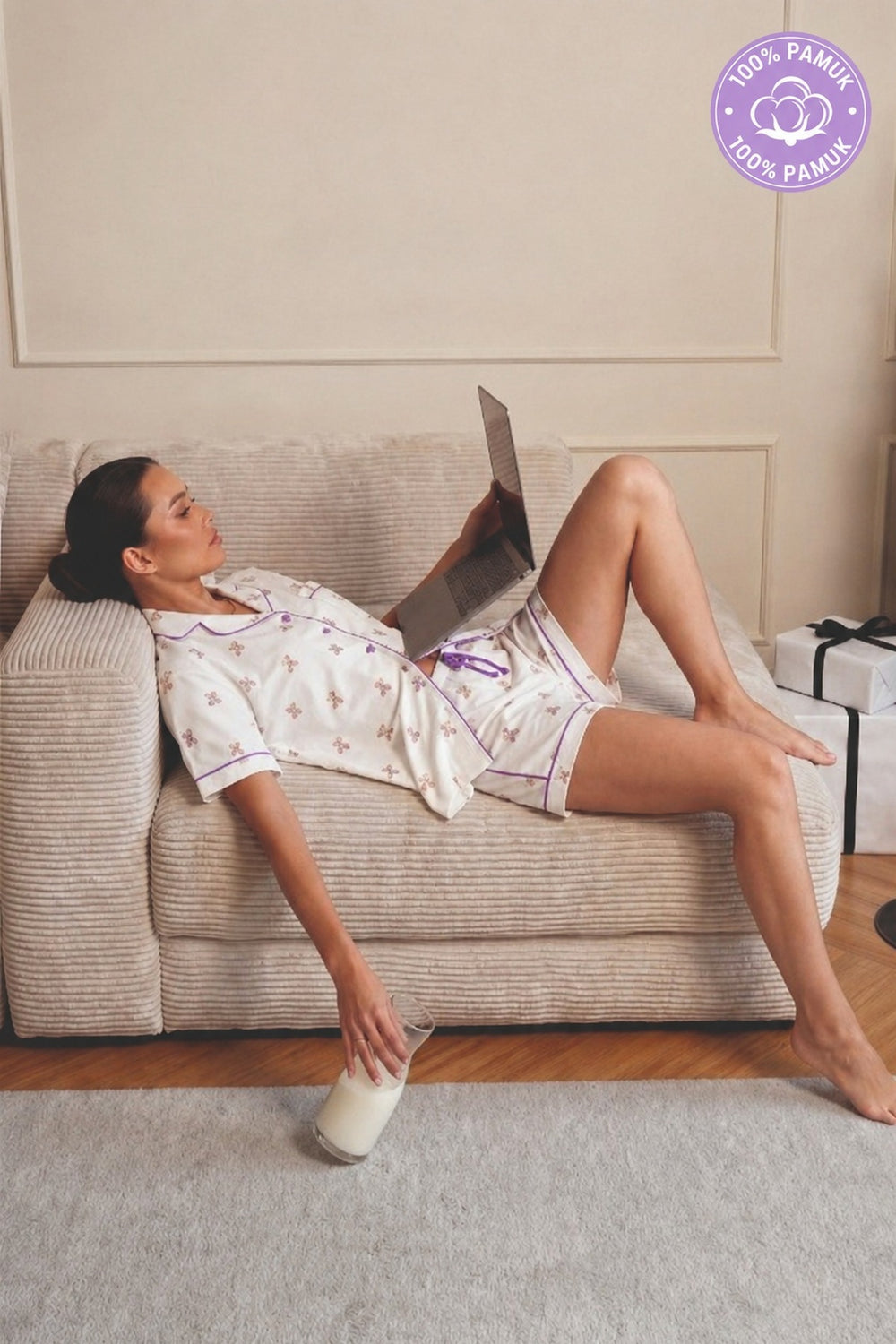 Gömlek Yaka Kısa Kol Önden Kalp Düğmeli Cep Detaylı  Ayıcık Desenli Şortlu Kadın Pijama Takımı Premium Pamuklu — Ekru