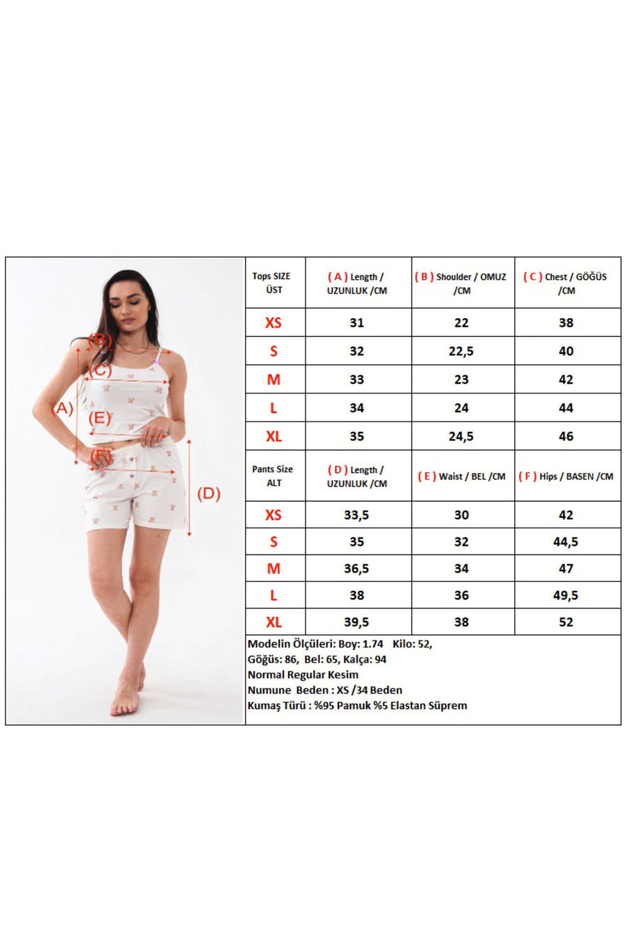Askılı Saten Fiyonklu Kalp Düğmeli Mini Ayıcık Desenli Şortlu Kadın Pijama Takımı — Ekru
