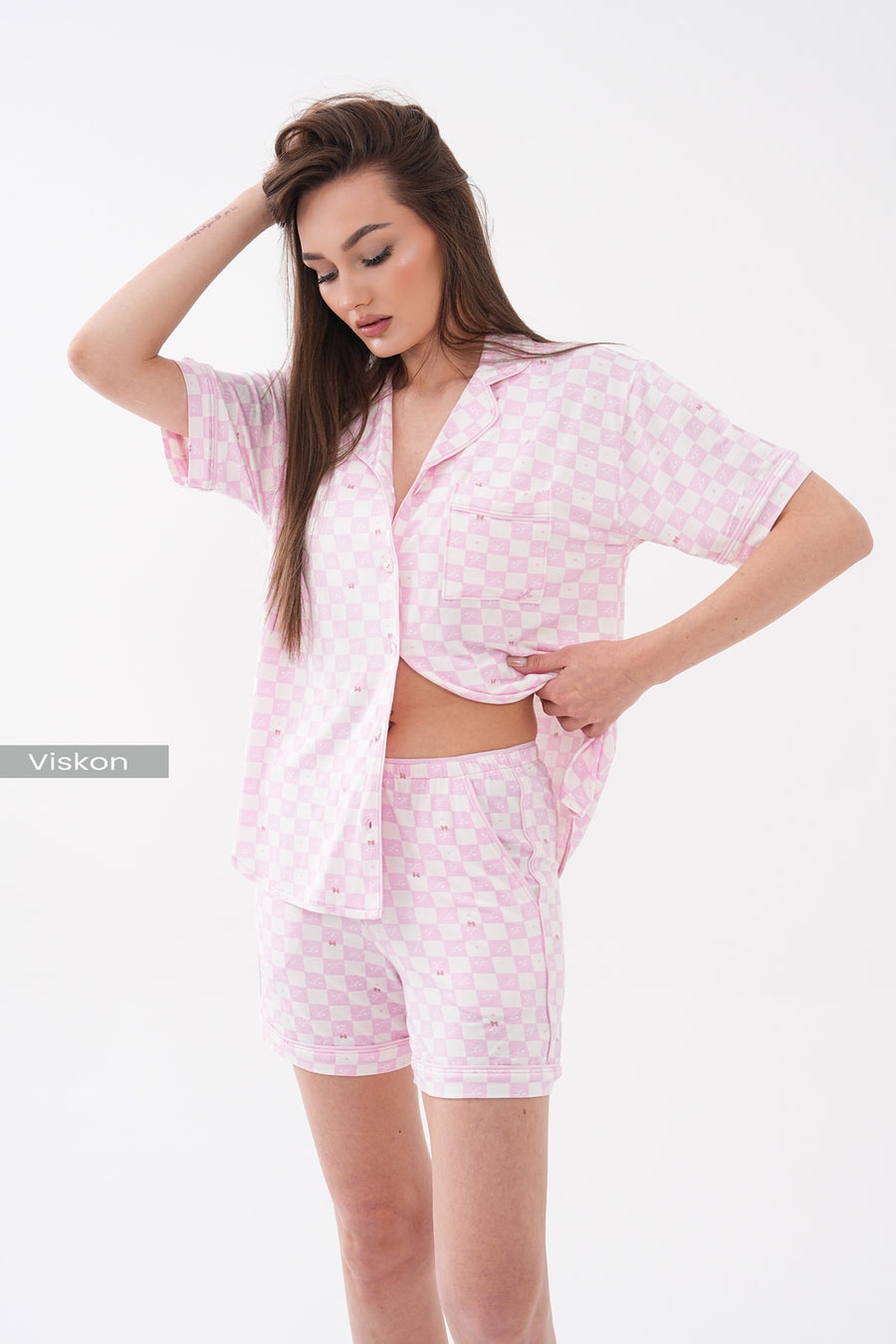 Gömlek Yaka Cepli Önden Düğmeli Kısa Kollu Kareli Şortlu Yazlık Kadın Pijama Takımı — Pembe