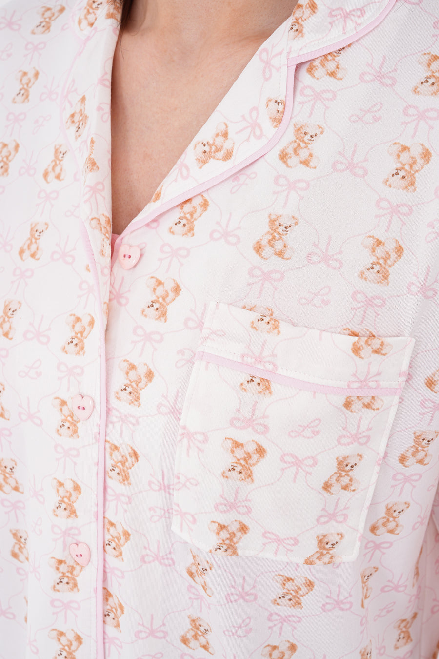 Mini Baskılı Uzun Kollu Bebe Yaka Önden Düğmeli Pantolonlu Pijama Takımı — Pembe