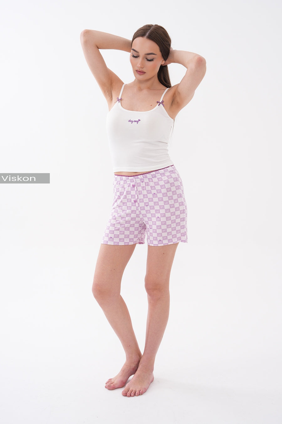Askılı Atlet Yazı Nakışlı Dantel Bel Detaylı Premium Viskon Damalı Şortlu Kadın Pijama Takımı — Lila