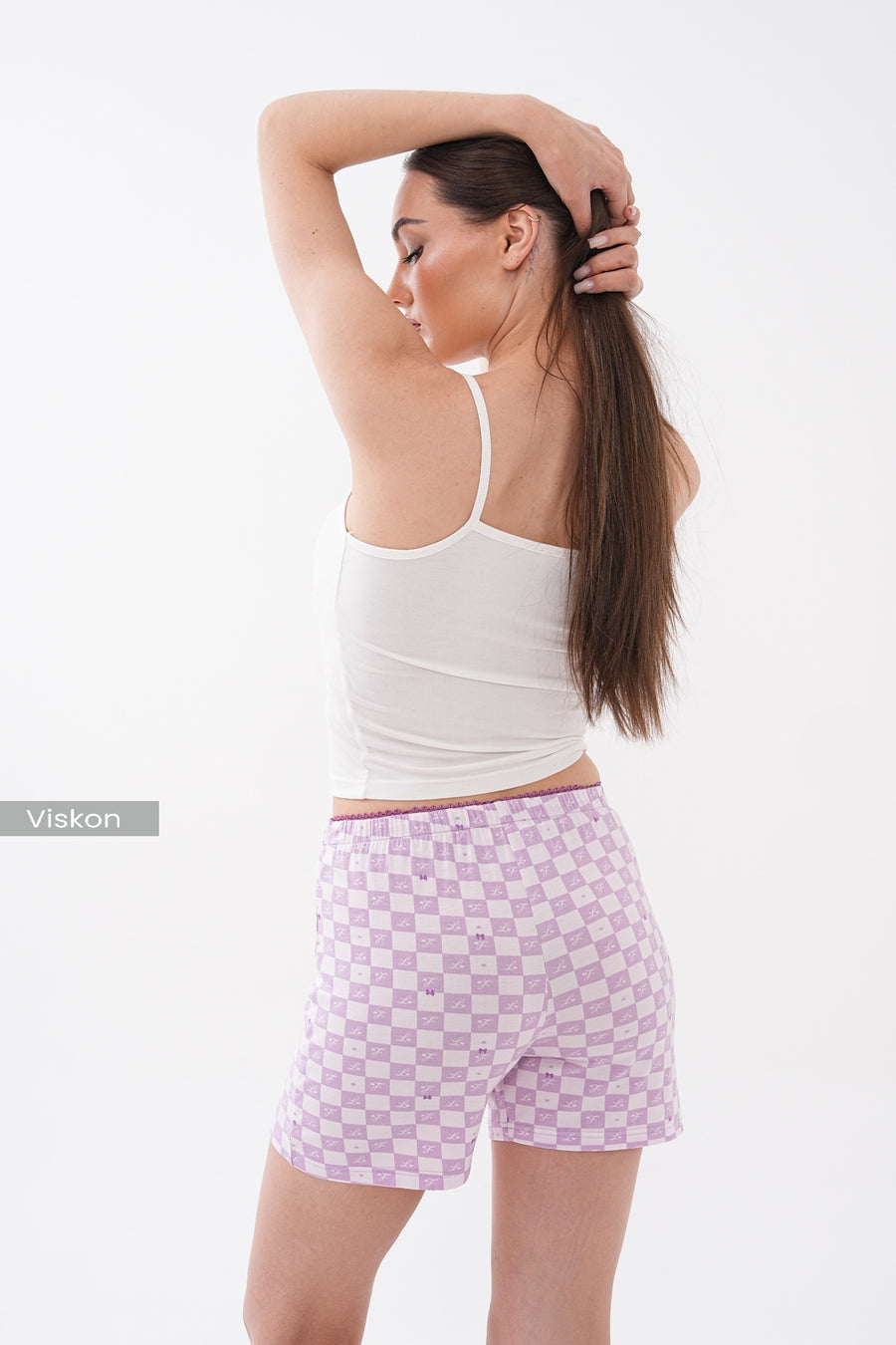 Askılı Atlet Yazı Nakışlı Dantel Bel Detaylı Premium Viskon Damalı Şortlu Kadın Pijama Takımı — Lila