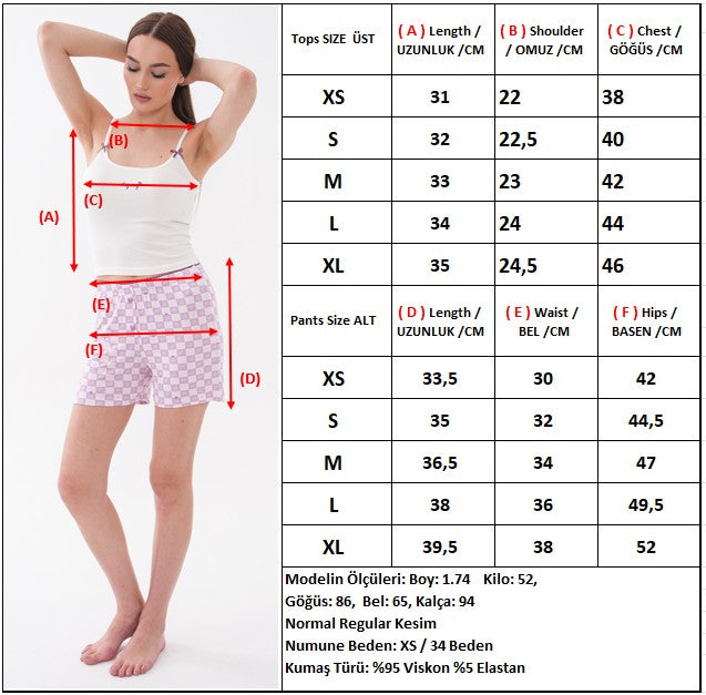 Askılı Atlet Yazı Nakışlı Dantel Bel Detaylı Premium Viskon Damalı Şortlu Kadın Pijama Takımı — Lila