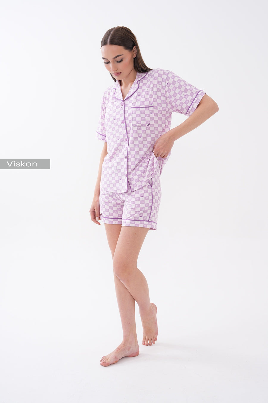 Gömlek Yaka Cepli Önden Düğmeli Premium Viskon Kısa Kollu Kareli Yazlık Şortlu Kadın Pijama Takımı — Lila