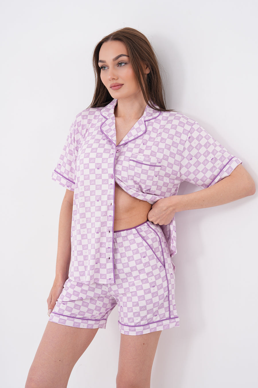 Gömlek Yaka Cepli Önden Düğmeli Premium Viskon Kısa Kollu Kareli Yazlık Şortlu Kadın Pijama Takımı — Lila