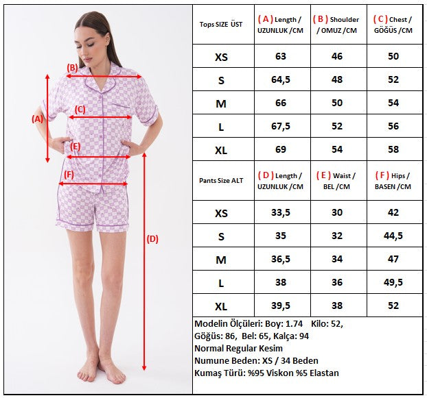 Gömlek Yaka Cepli Önden Düğmeli Premium Viskon Kısa Kollu Kareli Yazlık Şortlu Kadın Pijama Takımı — Lila