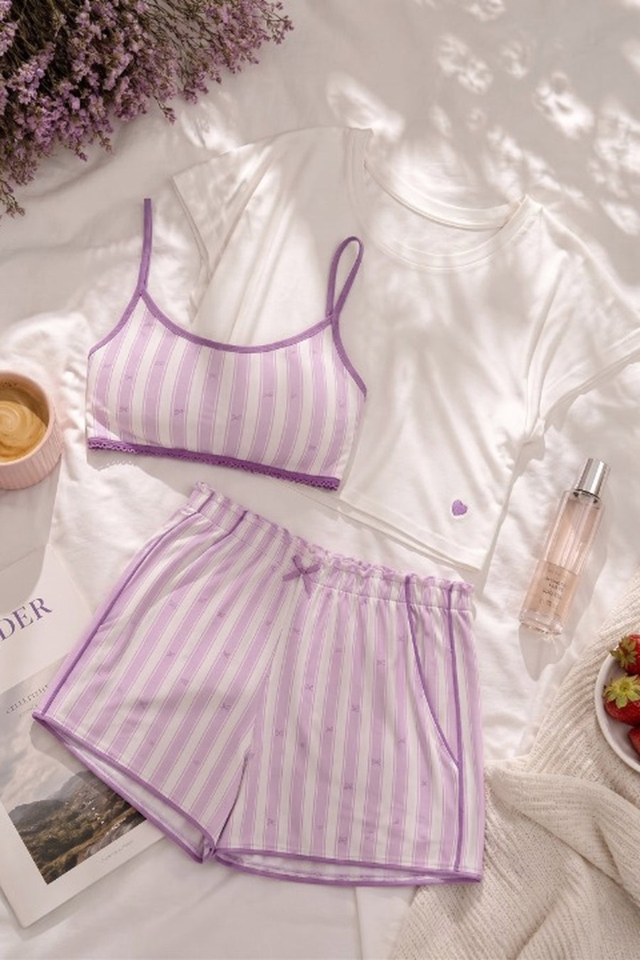 3'lü Kayık Yaka Crop Top Bralet Çizgili Şortlu Yazlık Kadın Pijama Takımı Viskon — Lila