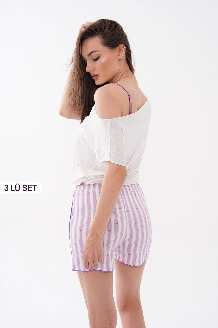 3'lü Kayık Yaka Crop Top Bralet Çizgili Şortlu Yazlık Kadın Pijama Takımı Viskon — Lila