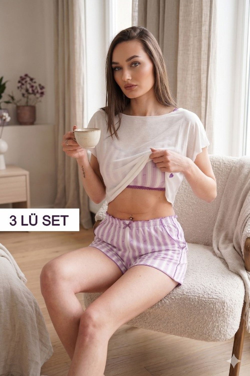 3'lü Kayık Yaka Crop Top Bralet Çizgili Şortlu Yazlık Kadın Pijama Takımı Viskon — Lila