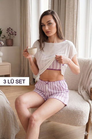 3'lü Kayık Yaka Crop Top Bralet Çizgili Şortlu Yazlık Kadın Pijama Takımı Viskon — Lila