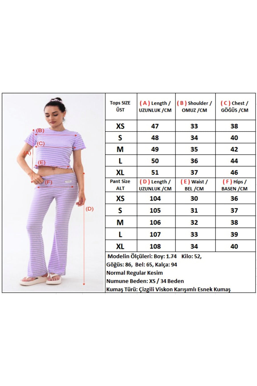 Fırfırlı Crop Tişört Çizgili Fitilli Flare Paça Pantolonlu Kadın Pijama Takımı Premium Viskon — Lila