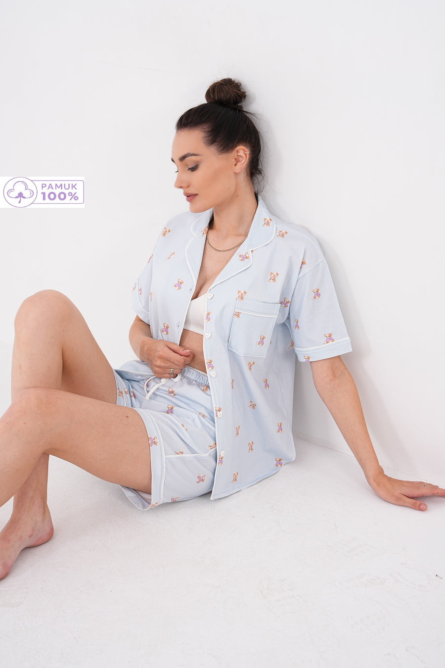 Kalp Düğmeli Gömlek Yaka Kısa Kollu Mini Ayıcık Desenli Şortlu Yazlık Kadın Pijama Takımı — Bebek Mavi