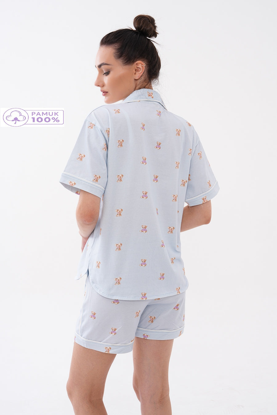 Kalp Düğmeli Gömlek Yaka Kısa Kollu Mini Ayıcık Desenli Şortlu Yazlık Kadın Pijama Takımı — Bebek Mavi