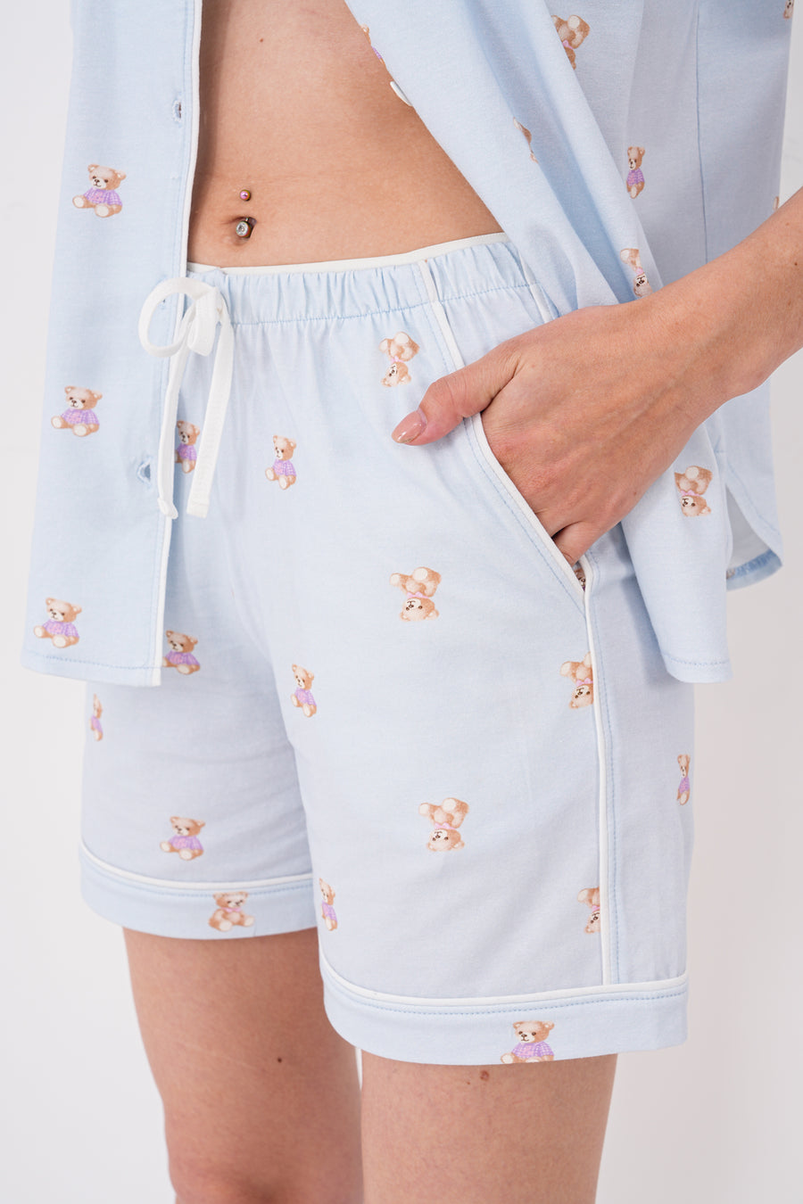 Kalp Düğmeli Gömlek Yaka Kısa Kollu Mini Ayıcık Desenli Şortlu Yazlık Kadın Pijama Takımı — Bebek Mavi