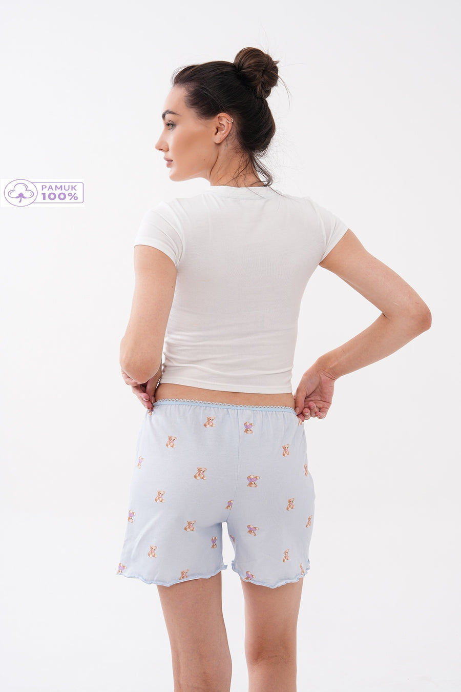 Bisiklet Yaka Kısa Kollu Nakışlı Fitilli Crop Tişört  Ayıcık Desenli Fırfır Paça Şortlu  Kadın Pijama Takımı Pamuklu — Bebek Mavi