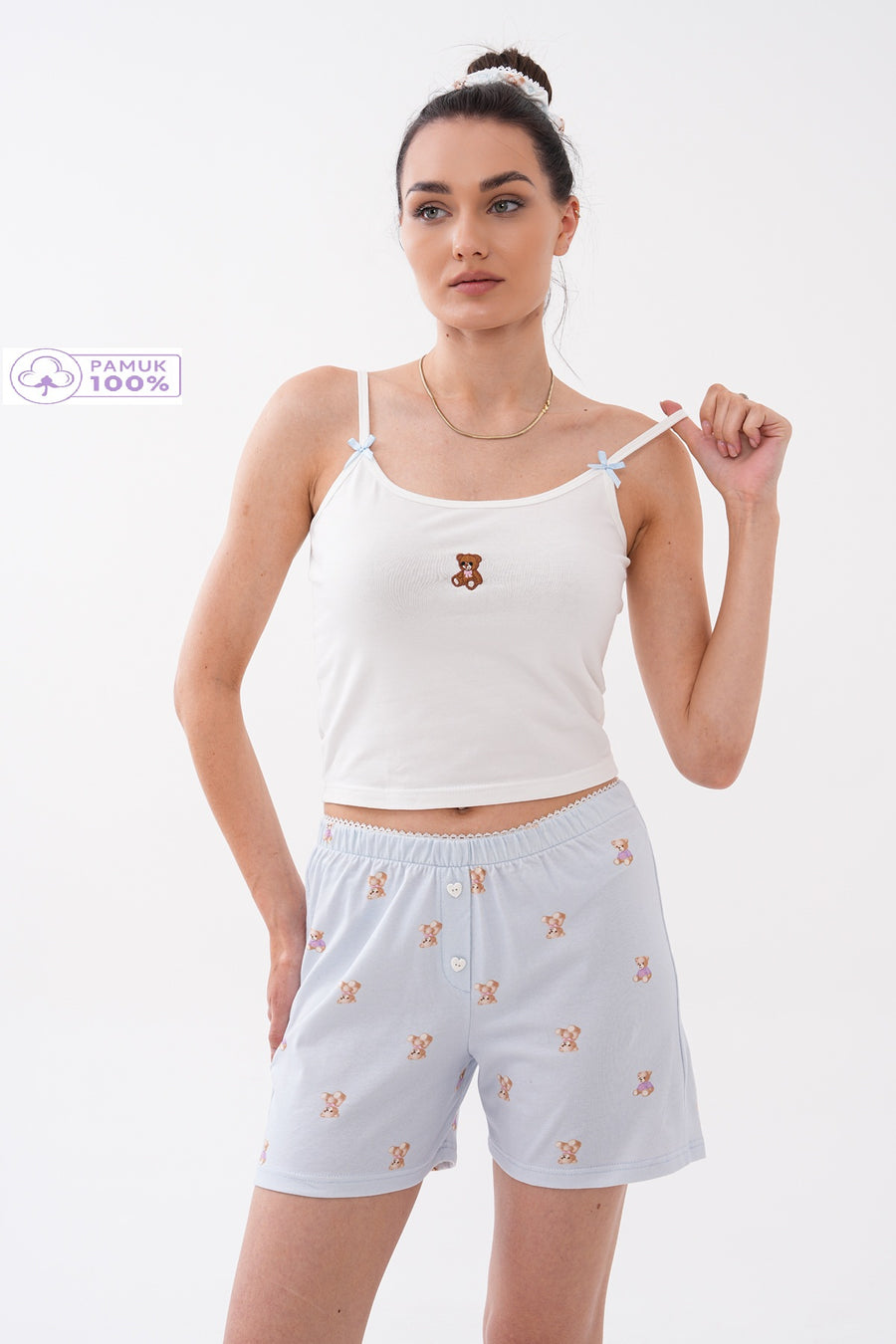 İnce Askılı Saten Fiyonklu Göğüs Nakışlı Atlet Mini Ayıcık Desenli Fırfır Paça Şortlu  Kadın Pijama Takımı Premium Pamuklu — Bebek Mavi