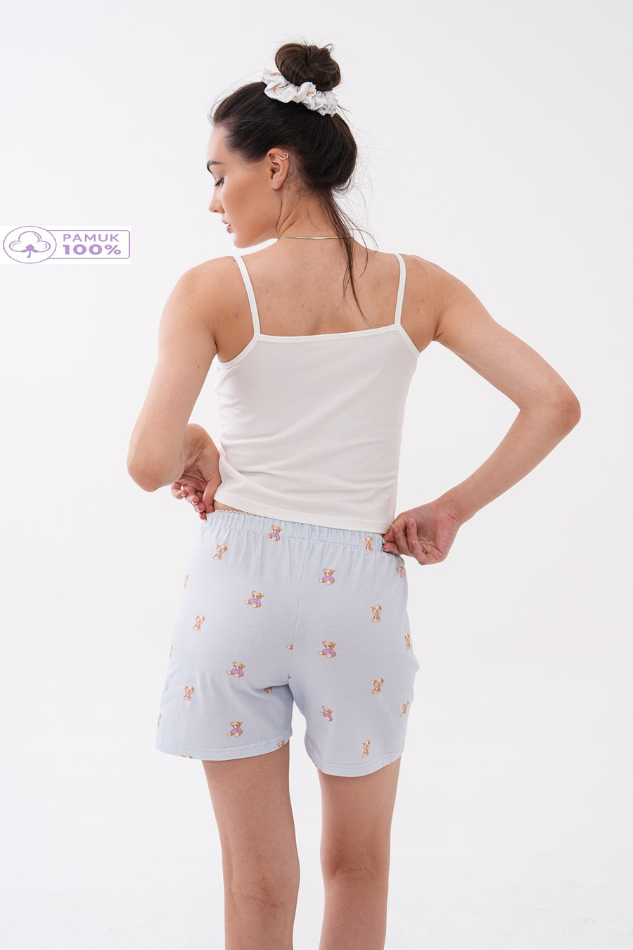 İnce Askılı Saten Fiyonklu Göğüs Nakışlı Atlet Mini Ayıcık Desenli Fırfır Paça Şortlu  Kadın Pijama Takımı Premium Pamuklu — Bebek Mavi